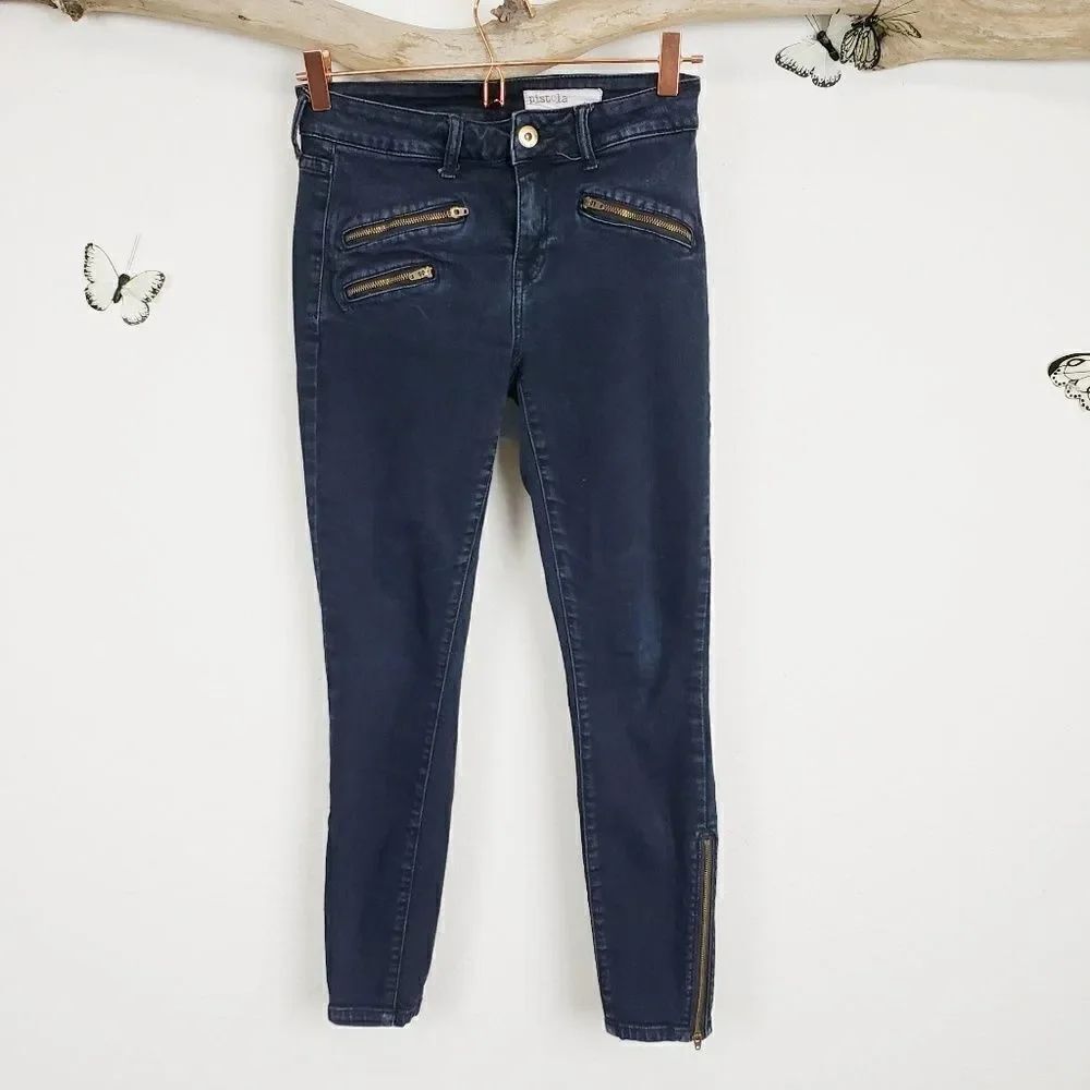 Pistola dark wash ankle zip moto skinny jeans